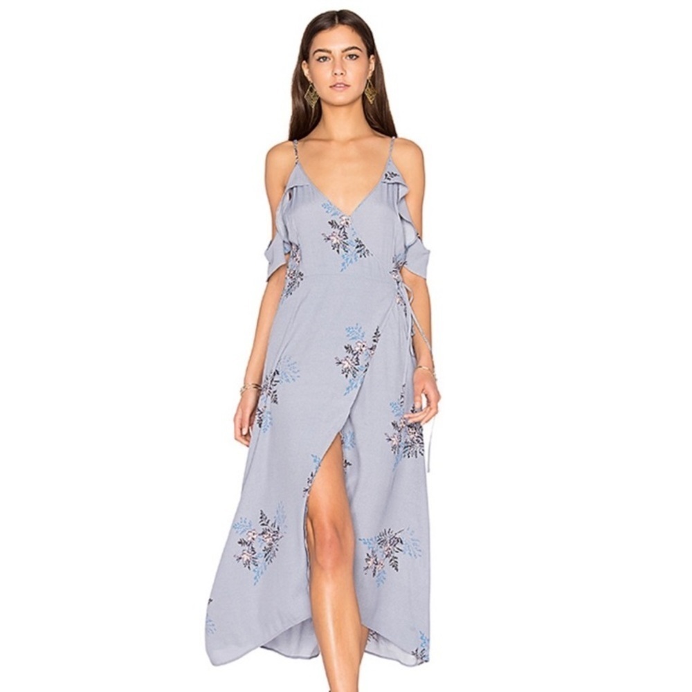NWT ASTR the Label Gwyn Cold Shoulder Ruffle Periwinkle Floral Midi Wrap Dress
